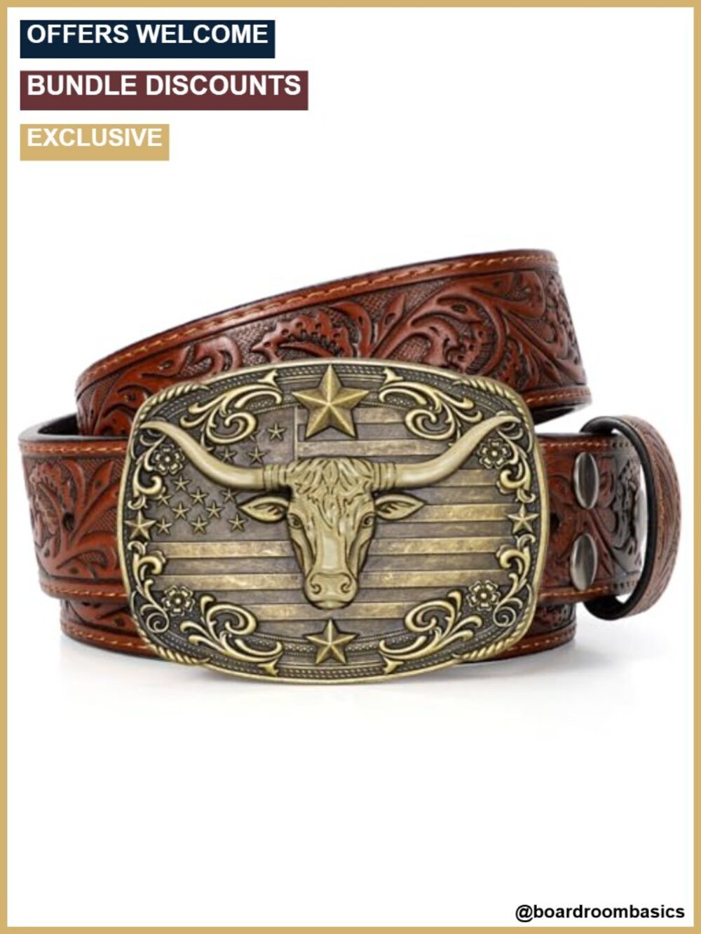 Western Cowboy Belt with Bull Buckle, Leather, 7 Holes, Unisex, Texas Style